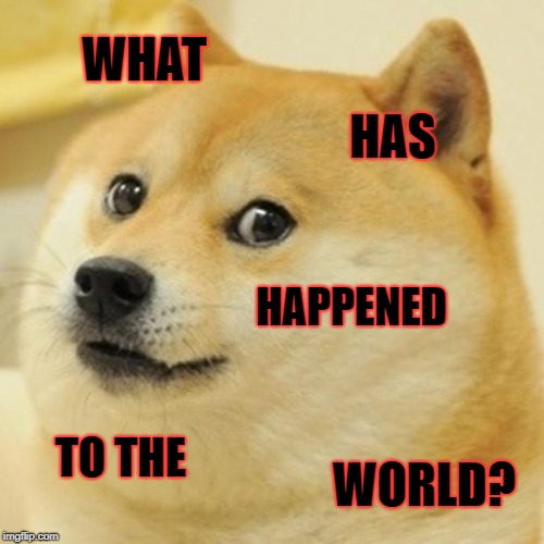 Doge Meme |  WHAT; HAS; HAPPENED; TO THE; WORLD? | image tagged in memes,doge | made w/ Imgflip meme maker