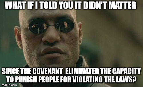 Matrix Morpheus Meme | WHAT IF I TOLD YOU IT DIDN'T MATTER SINCE THE COVENANT  ELIMINATED THE CAPACITY TO PUNISH PEOPLE FOR VIOLATING THE LAWS? | image tagged in memes,matrix morpheus | made w/ Imgflip meme maker