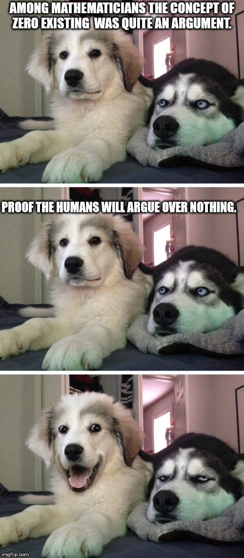 Bad pun dogs | AMONG MATHEMATICIANS THE CONCEPT OF ZERO EXISTING  WAS QUITE AN ARGUMENT. PROOF THE HUMANS WILL ARGUE OVER NOTHING. | image tagged in bad pun dogs | made w/ Imgflip meme maker