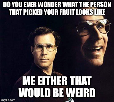 Will Ferrell Meme | DO YOU EVER WONDER WHAT THE PERSON THAT PICKED YOUR FRUIT LOOKS LIKE; ME EITHER THAT WOULD BE WEIRD | image tagged in memes,will ferrell | made w/ Imgflip meme maker