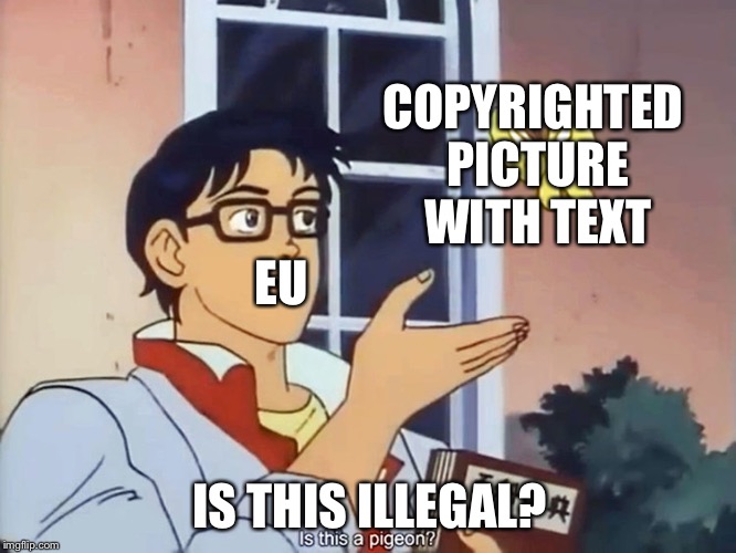 Hmm | COPYRIGHTED PICTURE WITH TEXT; EU; IS THIS ILLEGAL? | image tagged in anime butterfly meme,eu | made w/ Imgflip meme maker