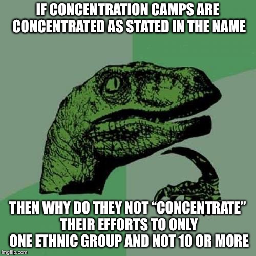 Philosoraptor | IF CONCENTRATION CAMPS ARE CONCENTRATED AS STATED IN THE NAME; THEN WHY DO THEY NOT “CONCENTRATE” THEIR EFFORTS TO ONLY ONE ETHNIC GROUP AND NOT 10 OR MORE | image tagged in memes,philosoraptor | made w/ Imgflip meme maker