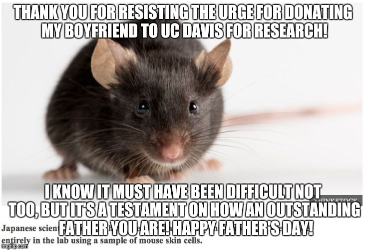 science lab mouse | THANK YOU FOR RESISTING THE URGE FOR DONATING MY BOYFRIEND TO UC DAVIS FOR RESEARCH! I KNOW IT MUST HAVE BEEN DIFFICULT NOT TOO, BUT IT'S A TESTAMENT ON HOW AN OUTSTANDING  FATHER YOU ARE! HAPPY FATHER'S DAY! | image tagged in science lab mouse | made w/ Imgflip meme maker