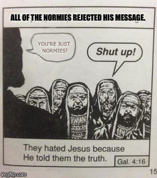 They hated Jesus meme | ALL OF THE NORMIES REJECTED HIS MESSAGE. YOU'RE JUST NORMIES! | image tagged in they hated jesus meme | made w/ Imgflip meme maker