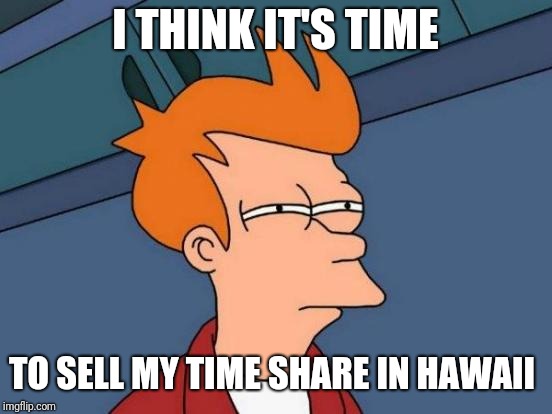 Futurama Fry Meme | I THINK IT'S TIME TO SELL MY TIME SHARE IN HAWAII | image tagged in memes,futurama fry | made w/ Imgflip meme maker