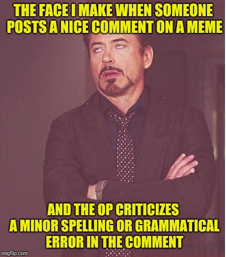 Face You Make Robert Downey Jr Meme | THE FACE I MAKE WHEN SOMEONE POSTS A NICE COMMENT ON A MEME; AND THE OP CRITICIZES A MINOR SPELLING OR GRAMMATICAL ERROR IN THE COMMENT | image tagged in memes,face you make robert downey jr | made w/ Imgflip meme maker