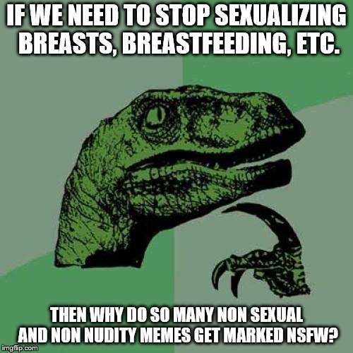 Philosoraptor Meme | IF WE NEED TO STOP SEXUALIZING BREASTS, BREASTFEEDING, ETC. THEN WHY DO SO MANY NON SEXUAL AND NON NUDITY MEMES GET MARKED NSFW? | image tagged in memes,philosoraptor | made w/ Imgflip meme maker