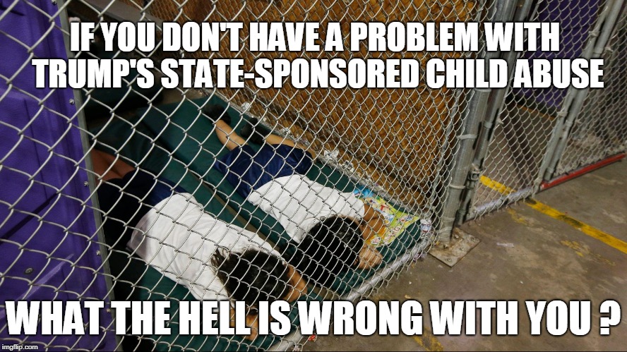 IF YOU DON'T HAVE A PROBLEM WITH TRUMP'S STATE-SPONSORED CHILD ABUSE; WHAT THE HELL IS WRONG WITH YOU ? | image tagged in trump,immigrants,children | made w/ Imgflip meme maker