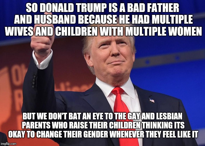 donald trump | SO DONALD TRUMP IS A BAD FATHER AND HUSBAND BECAUSE HE HAD MULTIPLE WIVES AND CHILDREN WITH MULTIPLE WOMEN; BUT WE DON'T BAT AN EYE TO THE GAY AND LESBIAN PARENTS WHO RAISE THEIR CHILDREN THINKING ITS OKAY TO CHANGE THEIR GENDER WHENEVER THEY FEEL LIKE IT | image tagged in donald trump | made w/ Imgflip meme maker