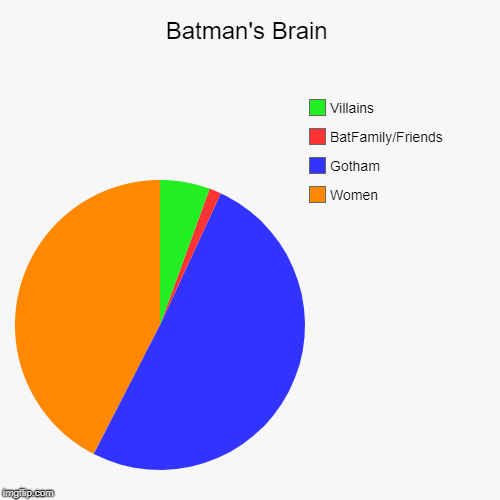 Batman's Brain | Batman's Brain | Women, Gotham, BatFamily/Friends , Villains | image tagged in funny,pie charts,batman | made w/ Imgflip chart maker