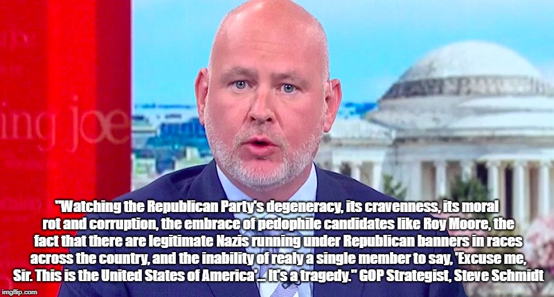 Steve Schmidt On The Degeneracy, Cravenness, Moral Rot And Corruption Of The Republican Party | "Watching the Republican Party's degeneracy, its cravenness, its moral rot and corruption, the embrace of pedophile candidates like Roy Moore, the fact that there are legitimate Nazis running under Republican banners in races across the country, and the inability of realy a single member to say, 'Excuse me, Sir. This is the United States of America'... It's a tragedy." GOP Strategist, Steve Schmidt | image tagged in republican party,gop,steve schmidt,nazis | made w/ Imgflip meme maker