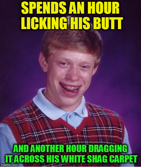 Bad Luck Brian Meme | SPENDS AN HOUR LICKING HIS BUTT AND ANOTHER HOUR DRAGGING IT ACROSS HIS WHITE SHAG CARPET | image tagged in memes,bad luck brian | made w/ Imgflip meme maker