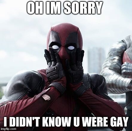 Deadpool Surprised | OH IM SORRY; I DIDN'T KNOW U WERE GAY | image tagged in memes,deadpool surprised | made w/ Imgflip meme maker