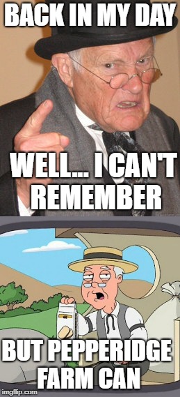 They do look alike | BACK IN MY DAY; WELL... I CAN'T REMEMBER; BUT PEPPERIDGE FARM CAN | image tagged in pepperidge farm remembers,back in my day | made w/ Imgflip meme maker