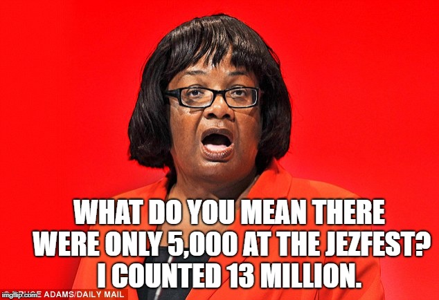 WHAT DO YOU MEAN THERE WERE ONLY 5,000 AT THE JEZFEST? I COUNTED 13 MILLION. | image tagged in diane abbott,jeremy corbyn | made w/ Imgflip meme maker