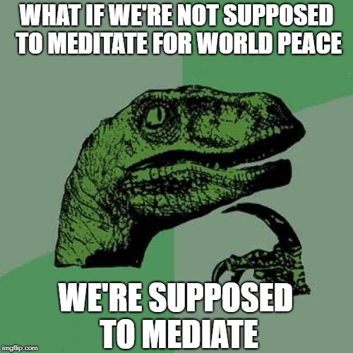 Philosoraptor Meme | WHAT IF WE'RE NOT SUPPOSED TO MEDITATE FOR WORLD PEACE; WE'RE SUPPOSED TO MEDIATE | image tagged in memes,philosoraptor | made w/ Imgflip meme maker