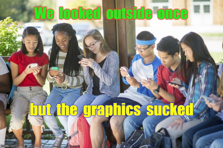 Watch Out! | We  looked  outside  once; but  the  graphics  sucked | image tagged in teens staring at phones,memes,smartphones,nature | made w/ Imgflip meme maker