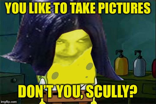 Spongemima | YOU LIKE TO TAKE PICTURES DON’T YOU, SCULLY? | image tagged in spongemima | made w/ Imgflip meme maker