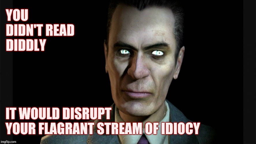 YOU DIDN'T READ DIDDLY IT WOULD DISRUPT YOUR FLAGRANT STREAM OF IDIOCY | image tagged in half-life's g-man from the creepy gallery of vagabondsoufflé  | made w/ Imgflip meme maker