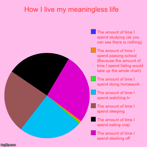 How I live my meaningless life  | The amount of time I spend slacking off, The amount of time I spend eating crap, The amount of time I spen | image tagged in funny,pie charts | made w/ Imgflip chart maker