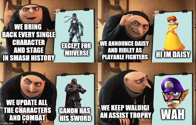 The most offensive plan ever | WE BRING BACK EVERY SINGLE CHARACTER AND STAGE IN SMASH HISTORY; WE ANNOUNCE DAISY AND RIDLEY AS PLAYABLE FIGHTERS; EXCEPT FOR MIIVERSE; HI IM DAISY; WE UPDATE ALL THE CHARACTERS AND COMBAT; WE KEEP WALUIGI AN ASSIST TROPHY; GANON HAS HIS SWORD; WAH | image tagged in despicable me diabolical plan gru template,memes,waluigi,smash bros,nintendo,video games | made w/ Imgflip meme maker