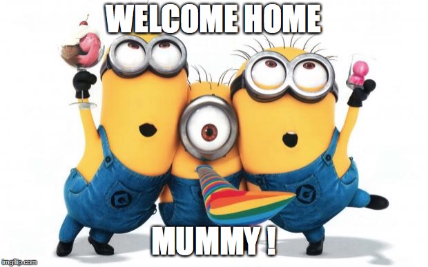 Minion party despicable me | WELCOME HOME; MUMMY ! | image tagged in minion party despicable me | made w/ Imgflip meme maker