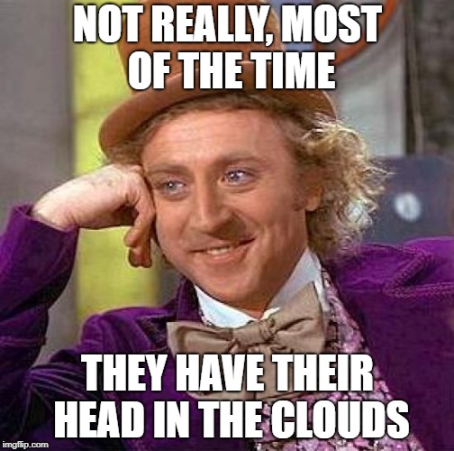 Creepy Condescending Wonka Meme | NOT REALLY, MOST OF THE TIME THEY HAVE THEIR HEAD IN THE CLOUDS | image tagged in memes,creepy condescending wonka | made w/ Imgflip meme maker