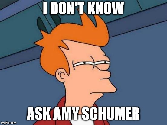Futurama Fry Meme | I DON'T KNOW ASK AMY SCHUMER | image tagged in memes,futurama fry | made w/ Imgflip meme maker