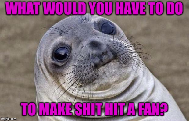 Awkward Moment Sealion | WHAT WOULD YOU HAVE TO DO; TO MAKE SHIT HIT A FAN? | image tagged in memes,awkward moment sealion | made w/ Imgflip meme maker
