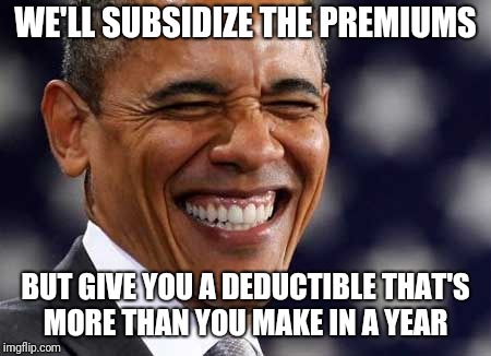 WE'LL SUBSIDIZE THE PREMIUMS BUT GIVE YOU A DEDUCTIBLE THAT'S MORE THAN YOU MAKE IN A YEAR | made w/ Imgflip meme maker