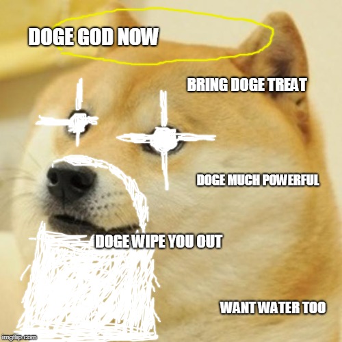 bow to Doge | DOGE GOD NOW; BRING DOGE TREAT; DOGE MUCH POWERFUL; DOGE WIPE YOU OUT; WANT WATER TOO | image tagged in memes,doge | made w/ Imgflip meme maker