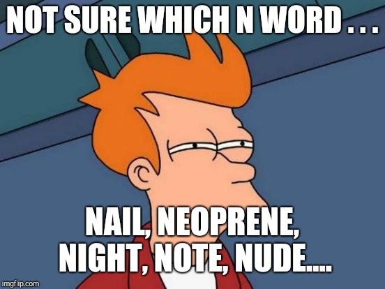 Futurama Fry Meme | NOT SURE WHICH N WORD . . . NAIL, NEOPRENE, NIGHT, NOTE, NUDE.... | image tagged in memes,futurama fry | made w/ Imgflip meme maker