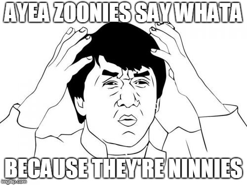 Jackie Chan WTF Meme | AYEA ZOONIES SAY WHATA; BECAUSE THEY'RE NINNIES | image tagged in memes,jackie chan wtf | made w/ Imgflip meme maker