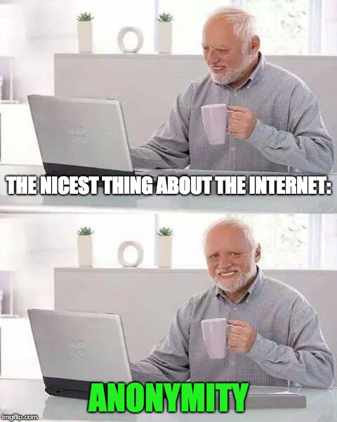 Internet's Greatest Gift | THE NICEST THING ABOUT THE INTERNET:; ANONYMITY | image tagged in memes,hide the pain harold,internet,anonymous | made w/ Imgflip meme maker