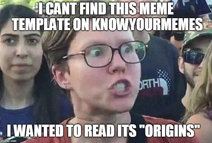 A little help? | I CANT FIND THIS MEME TEMPLATE ON KNOWYOURMEMES; I WANTED TO READ ITS "ORIGINS" | image tagged in triggered liberal | made w/ Imgflip meme maker