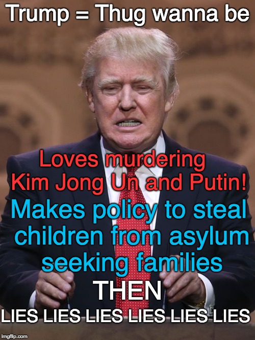 Trump - loves murdering dictators - steals children seeking asylum |  Trump = Thug wanna be; Loves murdering   Kim Jong Un and Putin! Makes policy to steal children from asylum seeking families; THEN; LIES LIES LIES LIES LIES LIES | image tagged in thug,liar,kidnapper,inhuman,cruel,loser | made w/ Imgflip meme maker