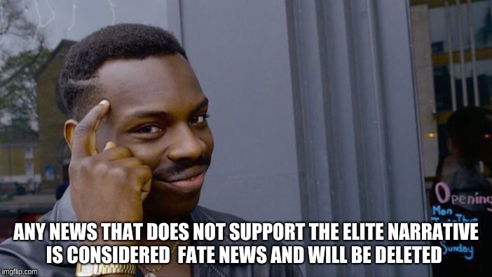 Roll Safe Think About It Meme | ANY NEWS THAT DOES NOT SUPPORT THE ELITE NARRATIVE IS CONSIDERED  FATE NEWS AND WILL BE DELETED | image tagged in memes,roll safe think about it | made w/ Imgflip meme maker