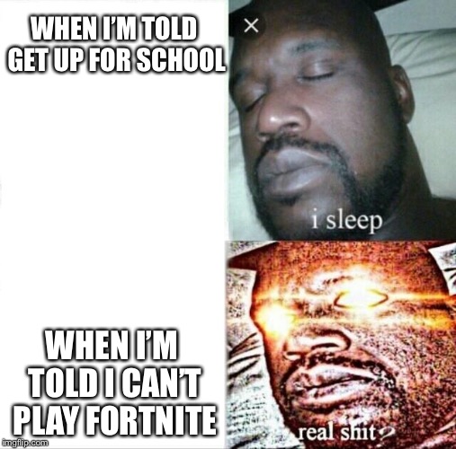 Sleeping Shaq | WHEN I’M TOLD GET UP FOR SCHOOL; WHEN I’M TOLD I CAN’T PLAY FORTNITE | image tagged in memes,sleeping shaq | made w/ Imgflip meme maker