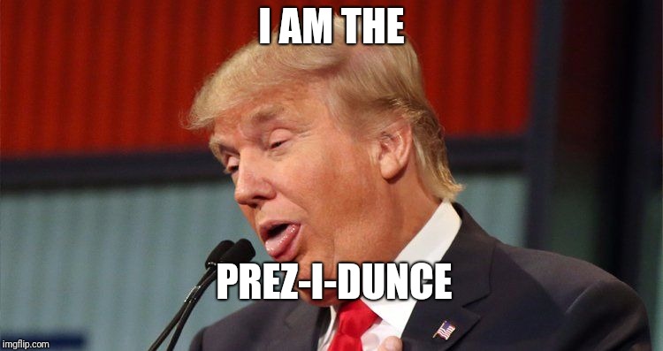 Trump stupid face mocking reporter | I AM THE; PREZ-I-DUNCE | image tagged in trump stupid face mocking reporter | made w/ Imgflip meme maker