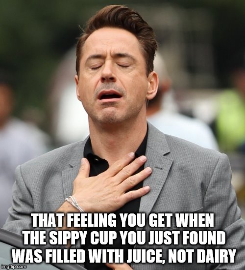 Relief | THAT FEELING YOU GET WHEN THE SIPPY CUP YOU JUST FOUND WAS FILLED WITH JUICE, NOT DAIRY | image tagged in sippy cups,parenting,relief,robert downey jr | made w/ Imgflip meme maker