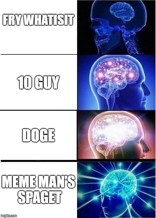 Expanding Brain | FRY WHATISIT; 10 GUY; DOGE; MEME MAN'S SPAGET | image tagged in memes,expanding brain | made w/ Imgflip meme maker