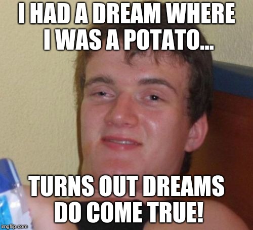 10 Guy Meme | I HAD A DREAM WHERE I WAS A POTATO... TURNS OUT DREAMS DO COME TRUE! | image tagged in memes,10 guy | made w/ Imgflip meme maker