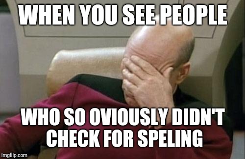 Captain Picard Facepalm Meme | WHEN YOU SEE PEOPLE WHO SO OVIOUSLY DIDN'T CHECK FOR SPELING | image tagged in memes,captain picard facepalm | made w/ Imgflip meme maker