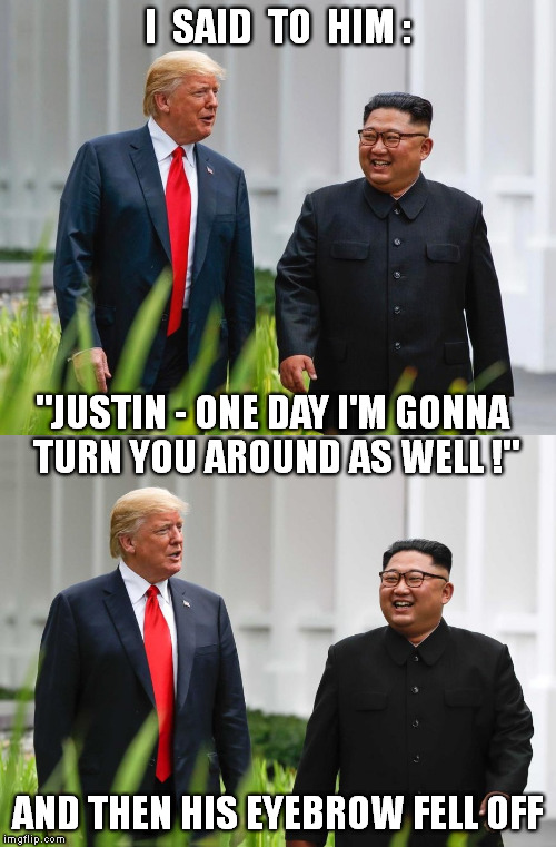 Turning Point | I  SAID  TO  HIM :; "JUSTIN - ONE DAY I'M GONNA TURN YOU AROUND AS WELL !"; AND THEN HIS EYEBROW FELL OFF | image tagged in memes,donald trump,kim jong un,justin trudeau,meme,eyebrows | made w/ Imgflip meme maker
