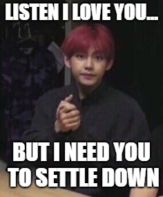 bts taehyung | LISTEN I LOVE YOU... BUT I NEED YOU TO SETTLE DOWN | image tagged in bts taehyung | made w/ Imgflip meme maker