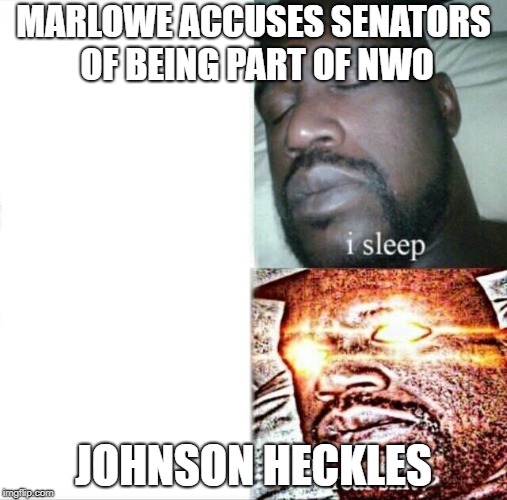 Sleeping Shaq Meme | MARLOWE ACCUSES SENATORS OF BEING PART OF NWO; JOHNSON HECKLES | image tagged in memes,sleeping shaq | made w/ Imgflip meme maker