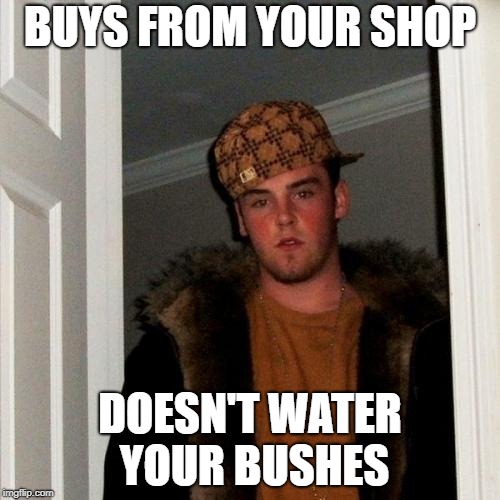 Scumbag Steve Meme | BUYS FROM YOUR SHOP; DOESN'T WATER YOUR BUSHES | image tagged in memes,scumbag steve | made w/ Imgflip meme maker