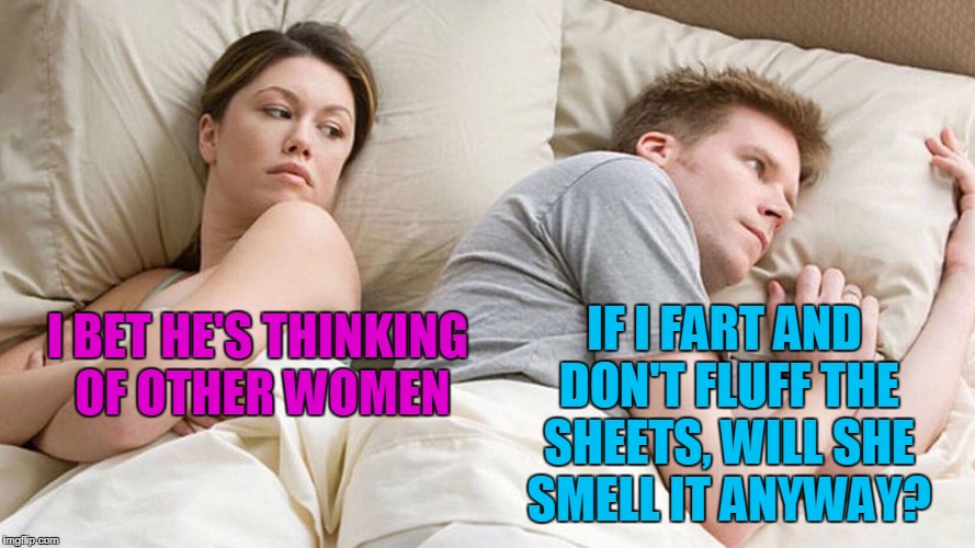 probably depends on the thread count | IF I FART AND DON'T FLUFF THE SHEETS, WILL SHE SMELL IT ANYWAY? I BET HE'S THINKING OF OTHER WOMEN | image tagged in i bet he's thinking about other women,memes,farting,fart | made w/ Imgflip meme maker