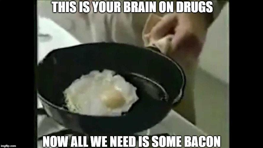 Wasted? Why Waste It?  | THIS IS YOUR BRAIN ON DRUGS; NOW ALL WE NEED IS SOME BACON | image tagged in memes | made w/ Imgflip meme maker