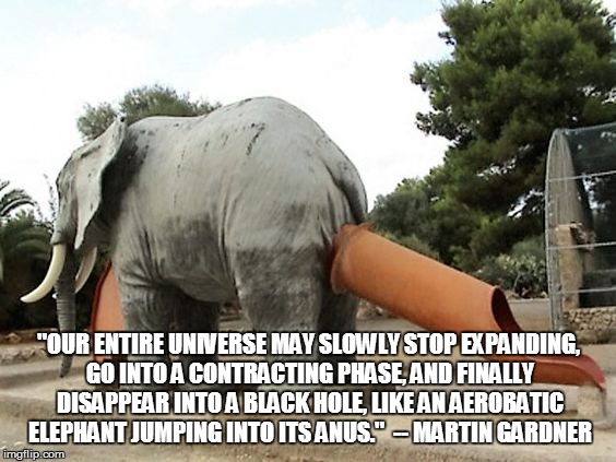 The pachyderm future of the universe | "OUR ENTIRE UNIVERSE MAY SLOWLY STOP EXPANDING, GO INTO A CONTRACTING PHASE, AND FINALLY DISAPPEAR INTO A BLACK HOLE, LIKE AN AEROBATIC ELEPHANT JUMPING INTO ITS ANUS."  -- MARTIN GARDNER | image tagged in elephant slide,cosmology | made w/ Imgflip meme maker